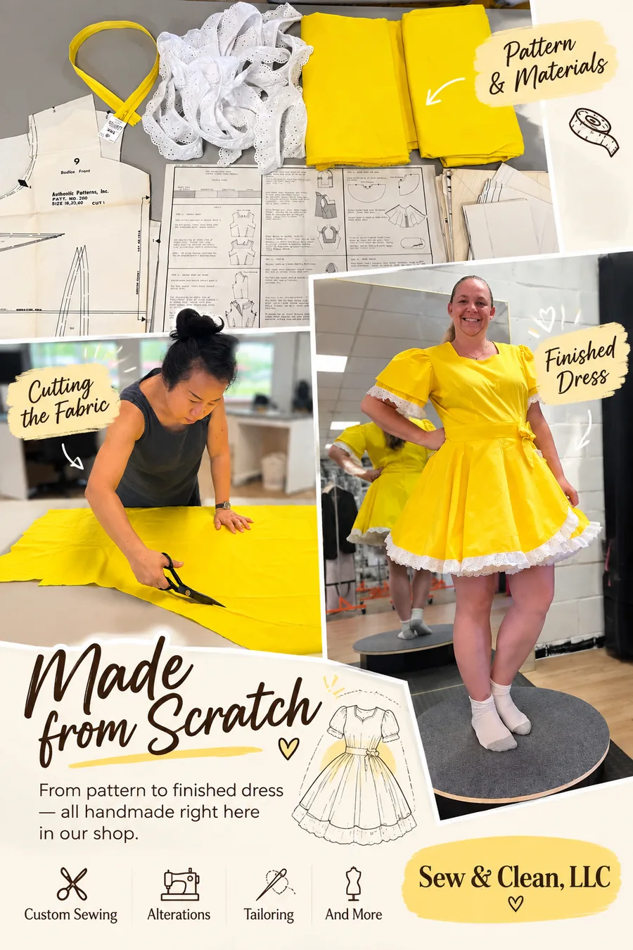 Collage of a yellow dress being made from scratch: patterns and materials, cutting the fabric, and the finished dress